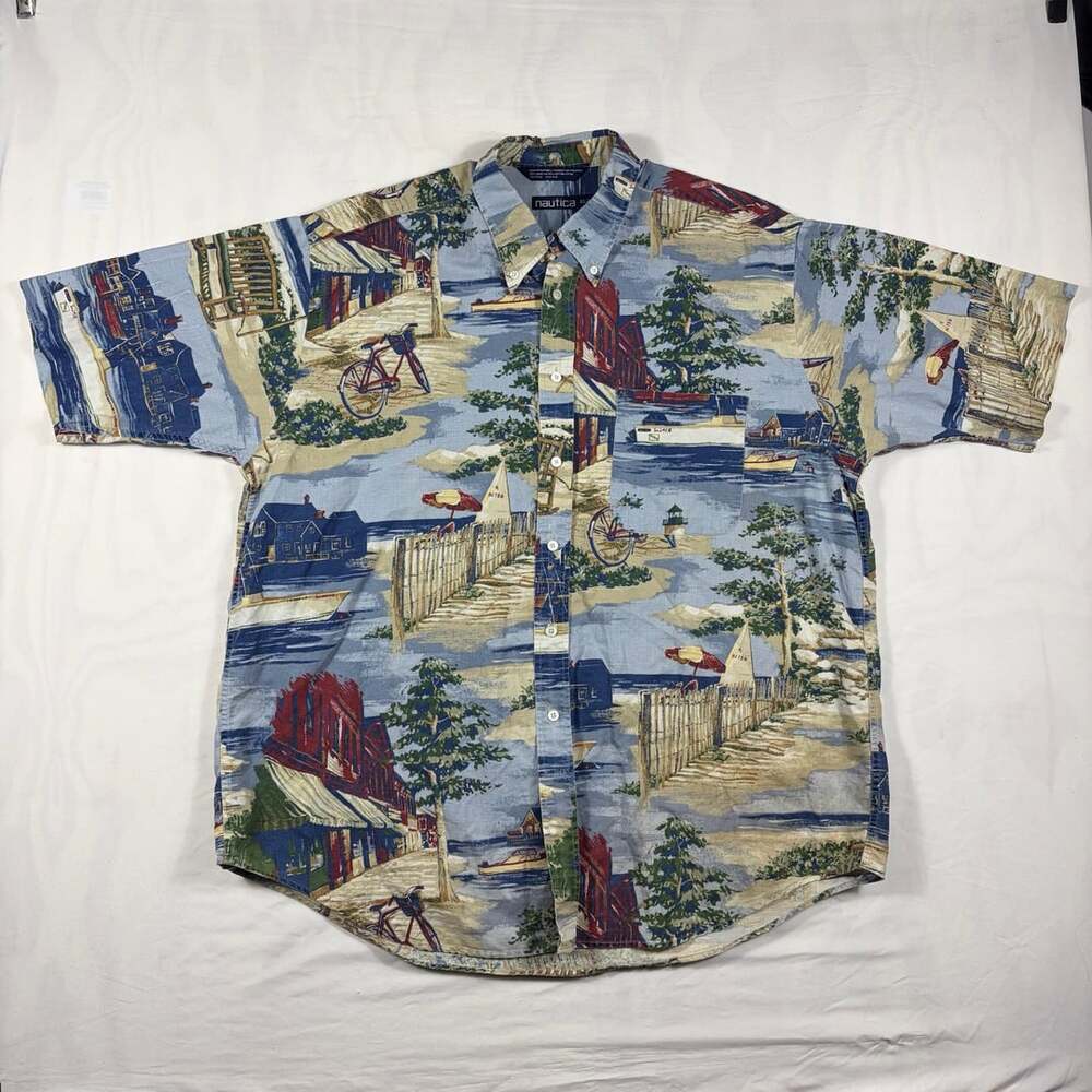Vintage Nautica Beach Print Short Sleeve Button Down Shirt Size XL